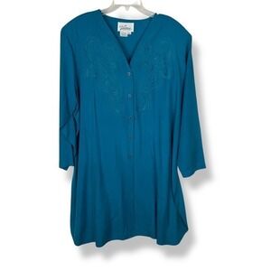 Victoria Soie 100% Silk Dress Womens Size 22 W Teal Embroidered‎ Boho Artsy VTG